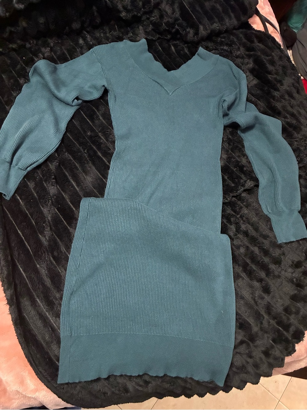 Hippie Rose Teal Ribbed Sweater Midi Dress M Puff Sleeve Bodycon